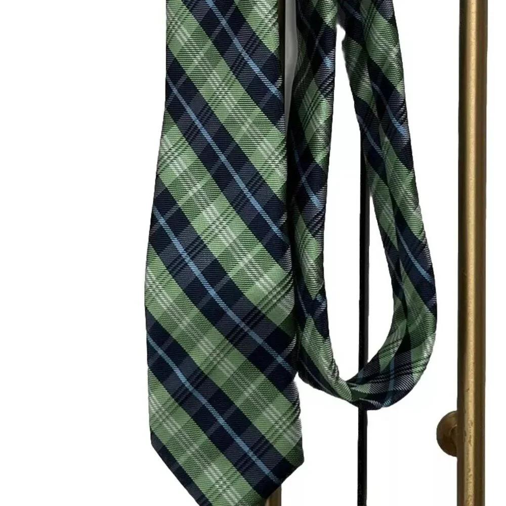 Chaps Boys Necktie Leaf Green Dark Light Blue White Plaid Tie 2.5